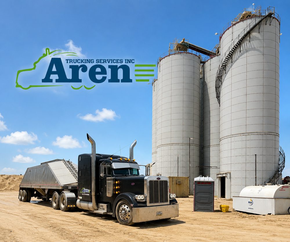 AREN Peterbilt with belly-dump trailer at a frac sand silo site in South Texas